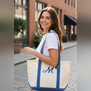 VTG 90s LL Bean Boat & Tote Bag USA Canvas Baby Blue Zip Top Embroidered M NOS